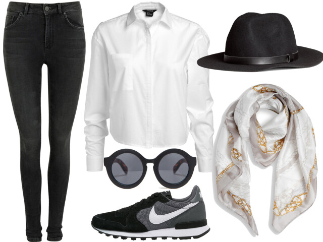 TOPP ANTREKKET MED EN HATT: Jeans (kr 600, Never Denim), skjorte (kr 200, Lindex), hatt (kr 200, H&M), solbriller (kr 200, Zara), joggesko (kr 850, Nike/Zalando) og posh skjerf (kr 300, MQ). Foto: Produsenter TOPP ANTREKKET MED EN HATT: Jeans (kr 600, Never Denim), skjorte (kr 200, Lindex), hatt (kr 200, H&M), solbriller (kr 200, Zara), joggesko (kr 850, Nike/Zalando) og posh skjerf (kr 300, MQ). Foto: Produsenter
